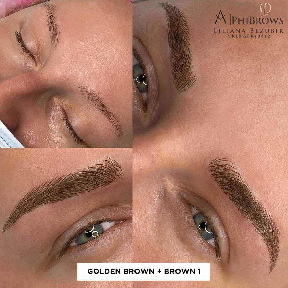 Cuadrícula mostrando resultados de microblading usando tonos de Pigmento Brown 1 en cejas en 3 mujeres Cuadrícula mostrando resultados de microblading usando tonos de Pigmento Brown 1 en cejas en 3 mujeres