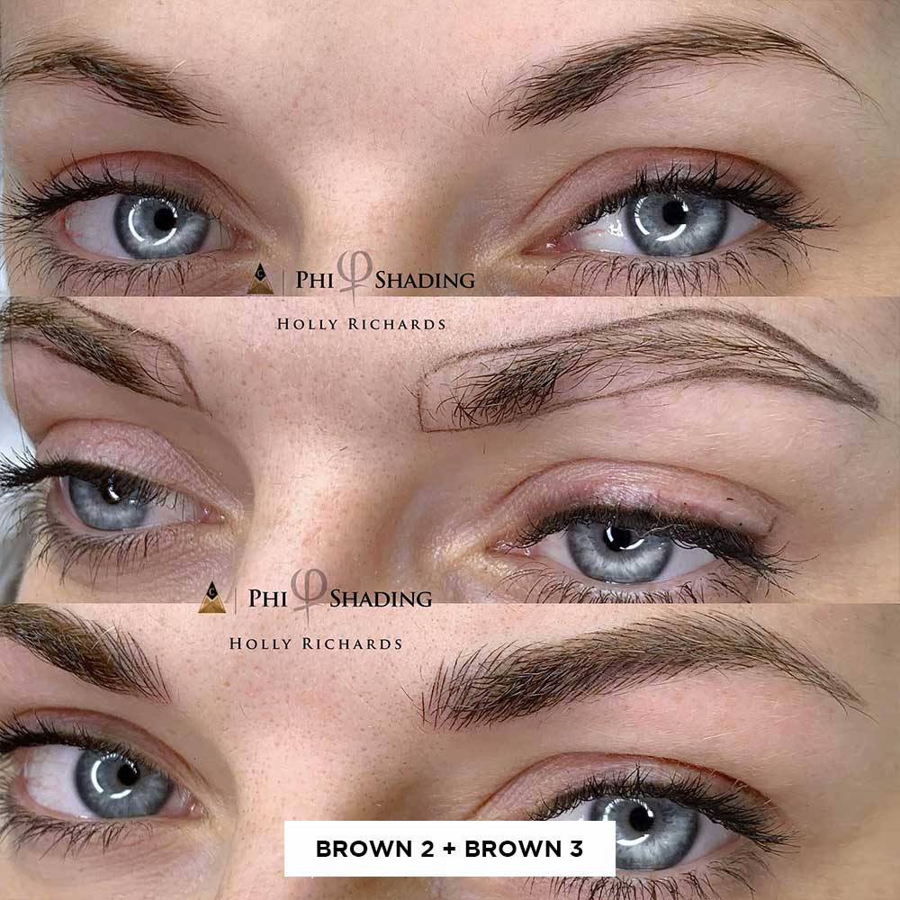 Cuadrícula mostrando antes y después de resultados de microblading de mezclar Brown 2 y Brown 3 en mujer con ojos azules Cuadrícula mostrando antes y después de resultados de microblading de mezclar Brown 2 y Brown 3 en mujer con ojos azules